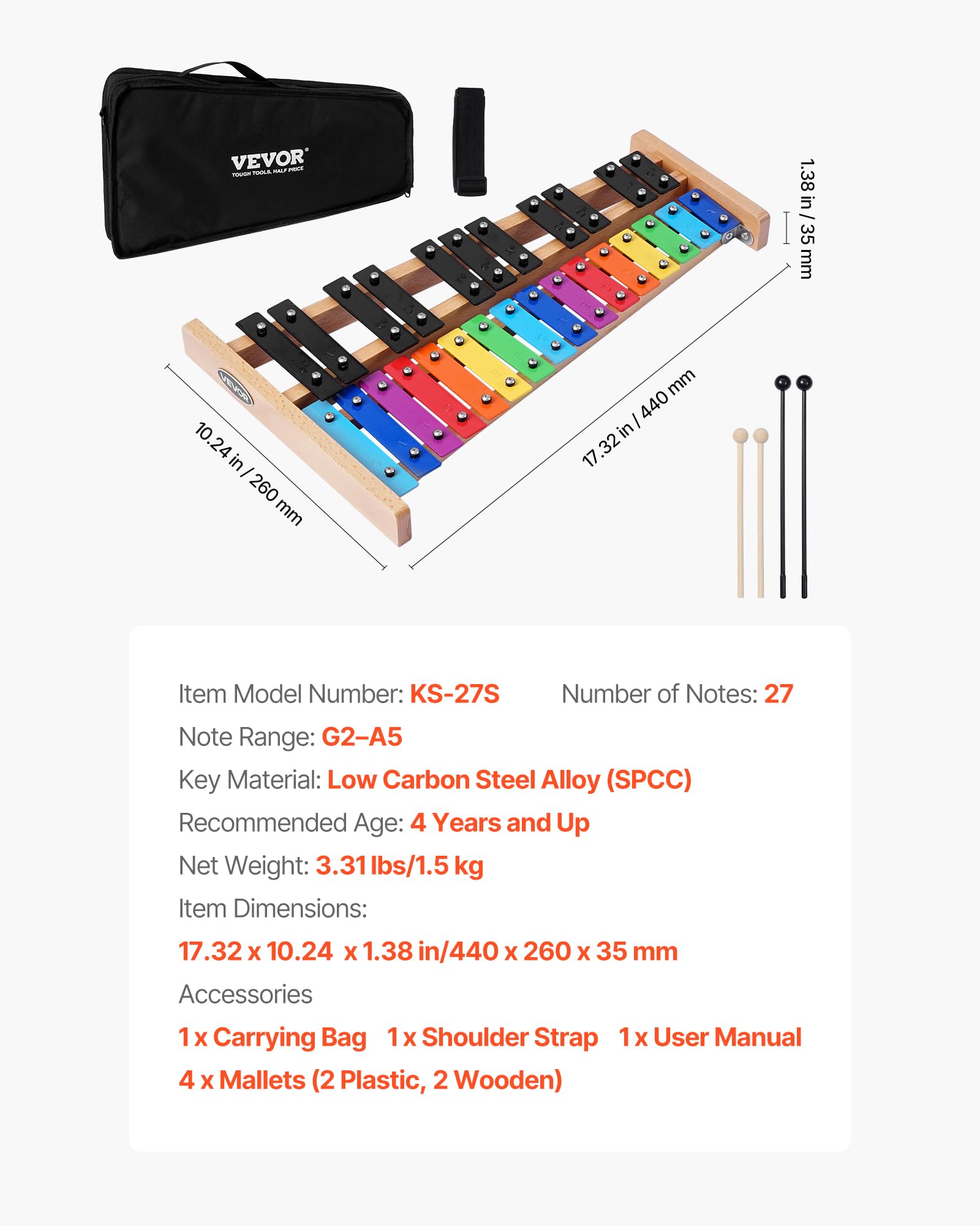 VEVOR Glockenspiel Diatonico Xilofono, 27 Note, Strumento a Percussione Professionale Xilofono, con Tasti Colorati in Metallo, con 4 Bacchette, Borsa per Trasporto, per Insegnamento