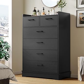 EnHomee 6 Drawers Dresser for Bedroom, Modern Chest of Drawers, Black Dresser with Large Organizer, Deep Drawer and Smooth Metal Rail, Black