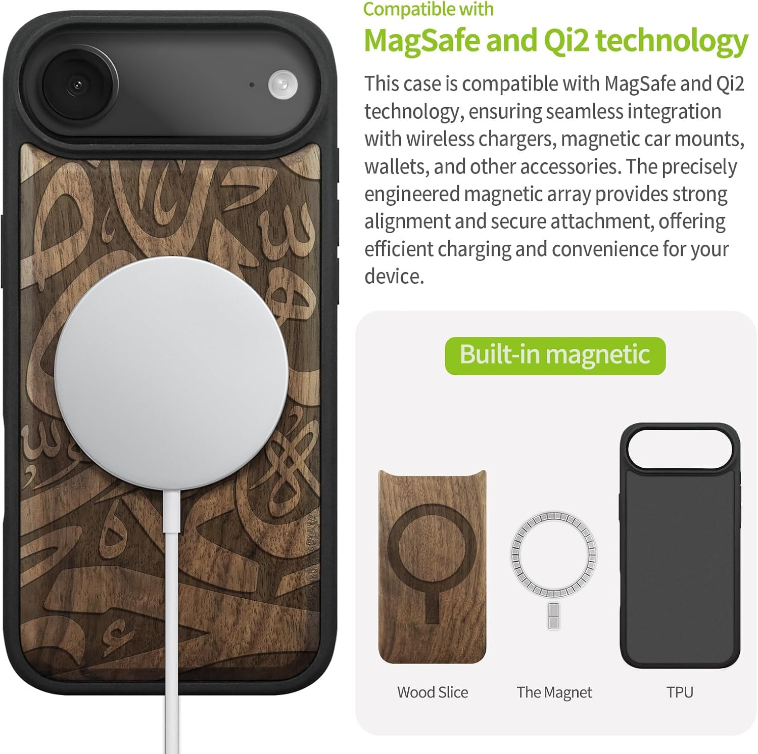 Carveit Magnetic Wooden Case for iPhone Air Case, Wood Artisan Engraved & Soft TPU Shockproof Cover, Compatible with MagSafe 17 Air Wireless Chargers (Abstract Calligraphy) Walnut