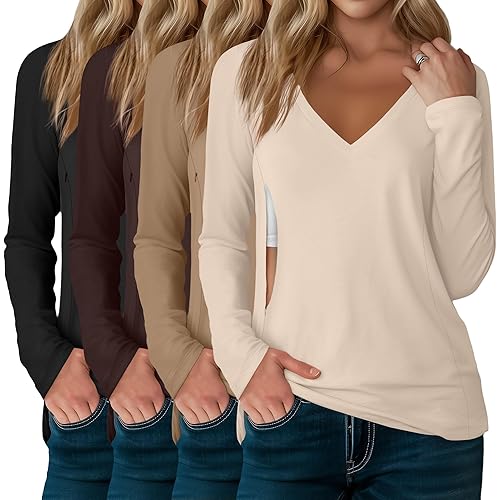 4 Pack Women's Long Sleeve Nursing Shirts with Hidden Zipper V Neck Breastfeeding Clothes Maternity Loose Fit Tops