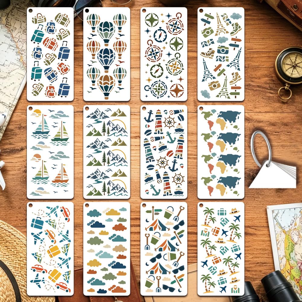 GOMAKERER 12 Sheets Travel Adventure Stencil for Painting, World Map Hot Air Balloon Sailboat Lighthouse Drawing Templates Reusable PET Wanderlust Stencils for Painting on Wall Wood Home Decor
