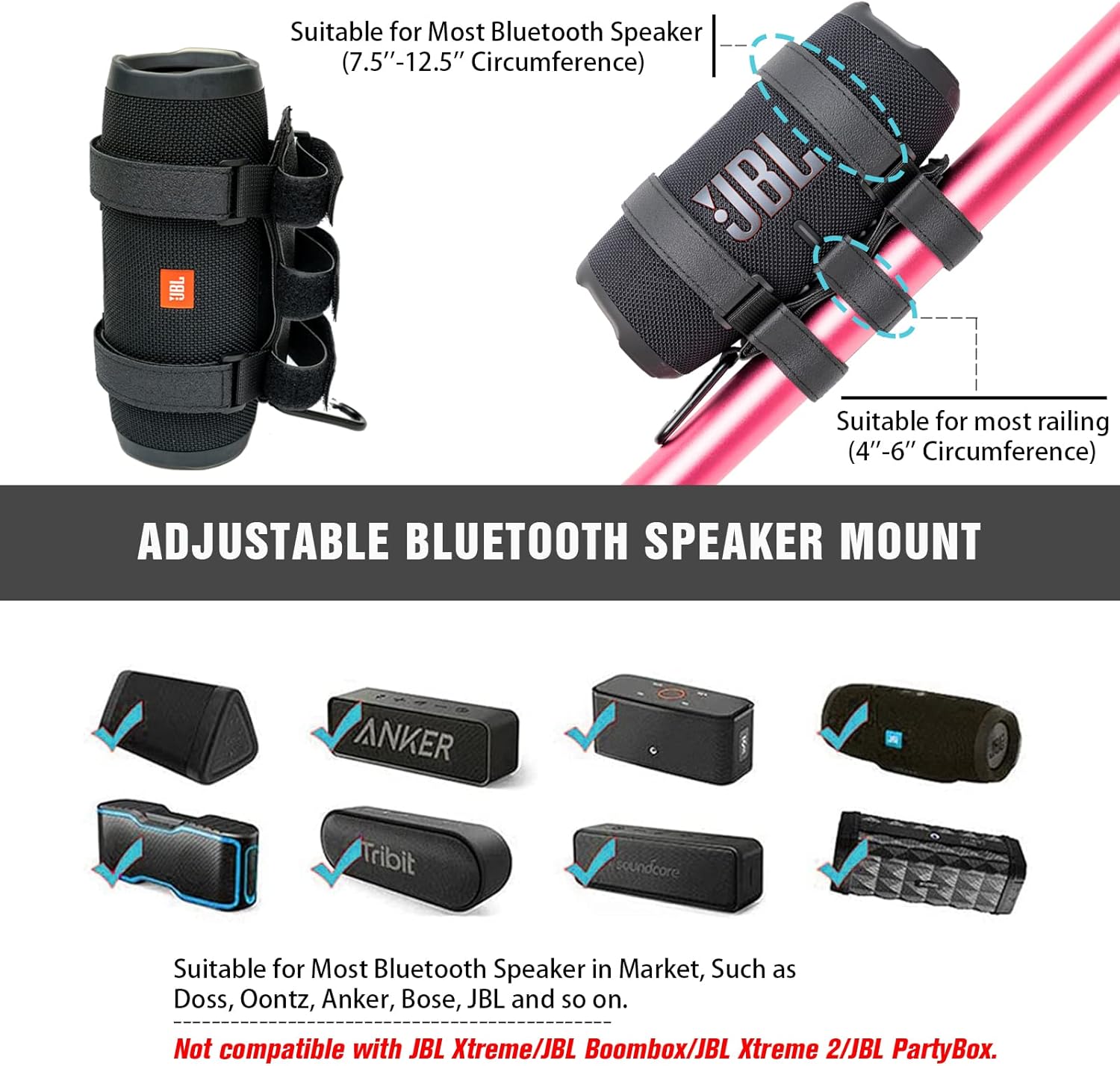 Portable Speaker Mount for Wireless Bluetooth Speakers with 7.5''-12.5'' Circumference, Waterproof Adjustable Strap Accessory Holder Fits UTV Golf Cart Bike or Boat Railing/Cross bar/Frame - Image 2