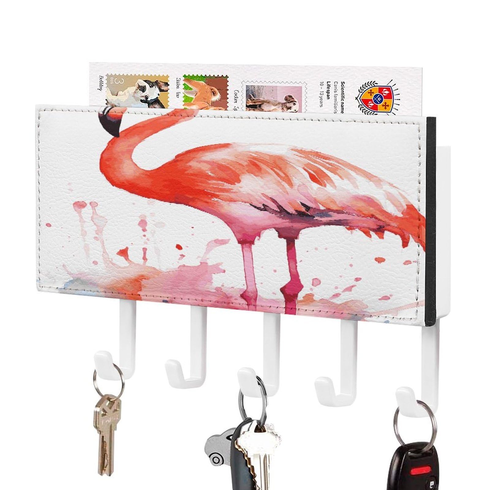 Vstadank White-Style Watercolor Flamingos Key Holder For Wall Mount With 5 Hooks Decorative Key And Mail Holder Farmhouse Wall Hooks With Shelf Pu Leather Key Rack With Mail Holders For Entryway Home