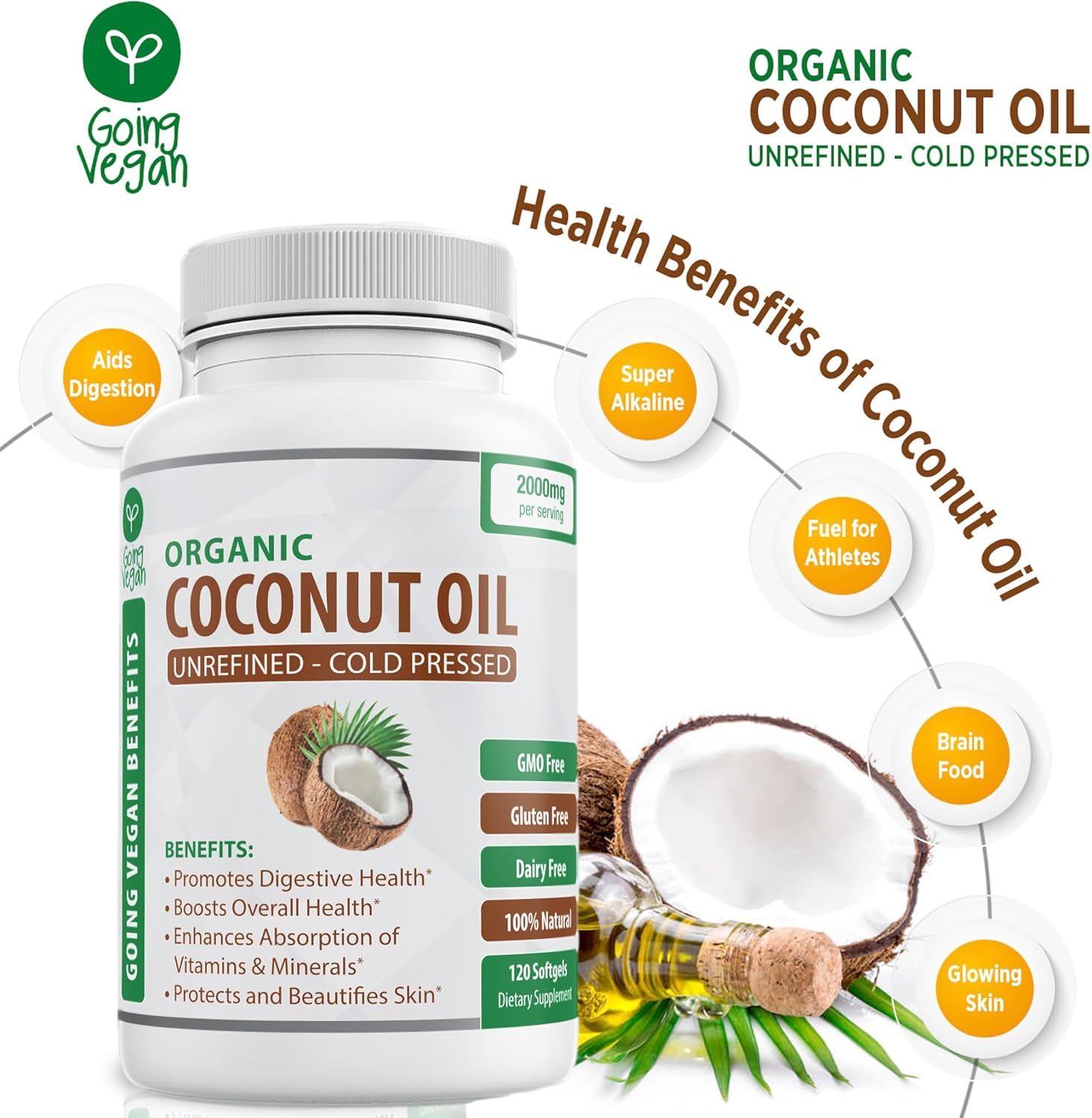 Organic Coconut Oil Capsules 2000mg - 100% Extra Virgin, Cold Pressed for Healthy Skin, Extra Hair Growth, Nail Care, Brain Booster - 120 Softgels - Unrefined Pure & Non GMO Pills - Rich in MCT