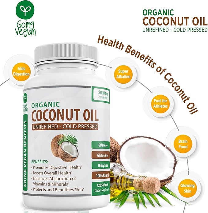 Cápsulas de Aceite de Coco Orgánico 2000mg - Going Vegan - 120 Cápsulas - Botella miniatura 4