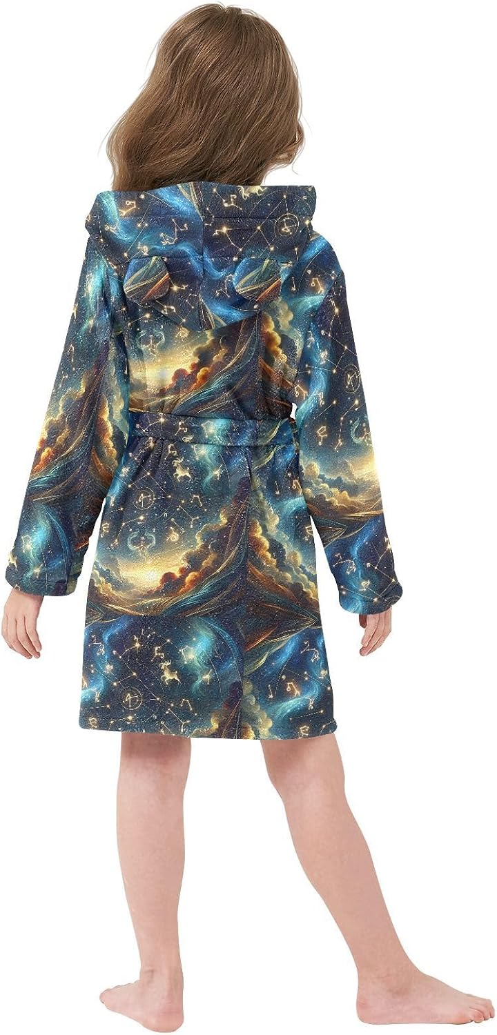 senya Twelve Zodiac Stars Toddler Hooded Bathrobe Kids Soft Plush Bath Towel Robes for Boys Girls 2-12 Years