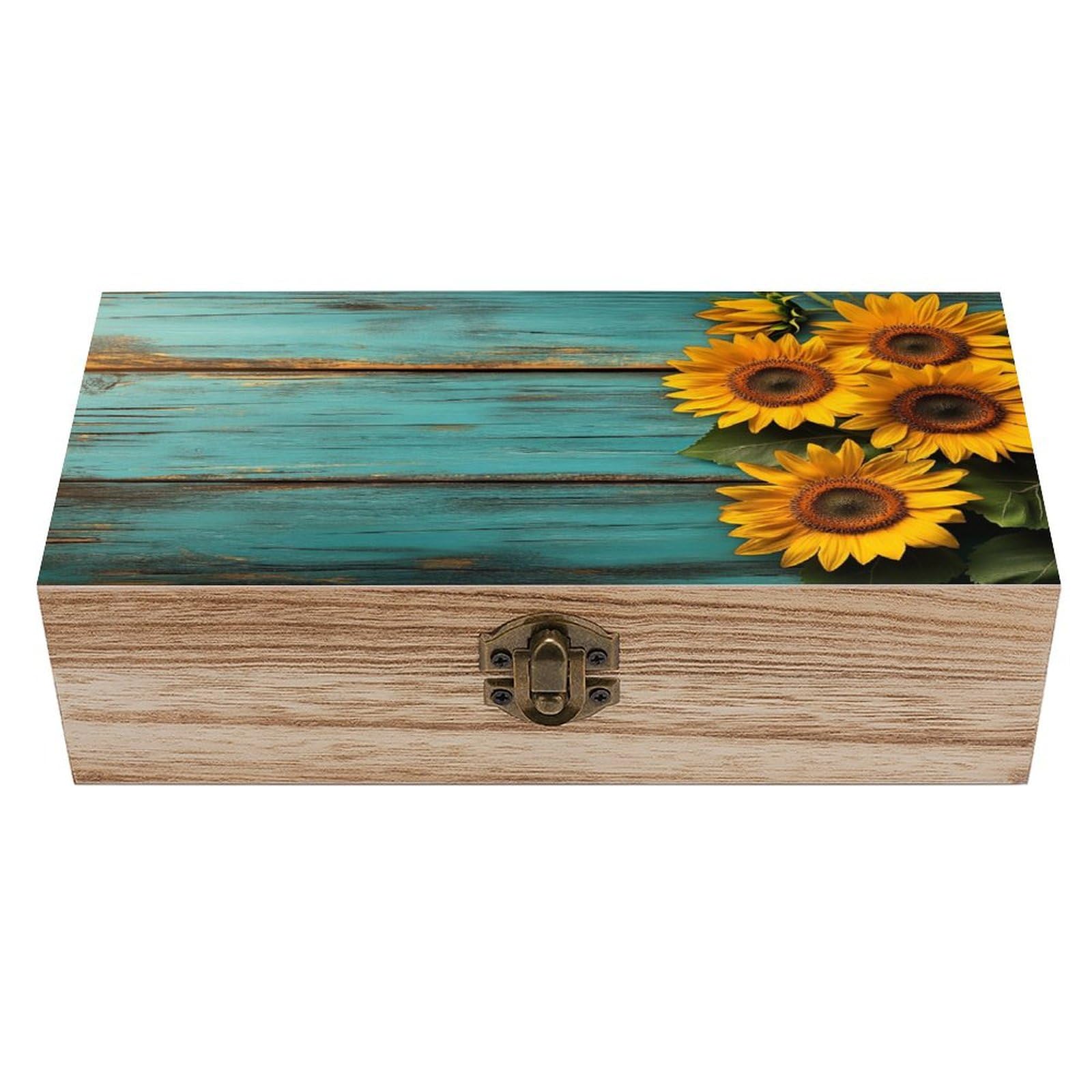 Ahdyr As Pic Wooden With Sunflowers Wooden Storage Box With Hinged Lid And Front Clasp Large Keepsake Box