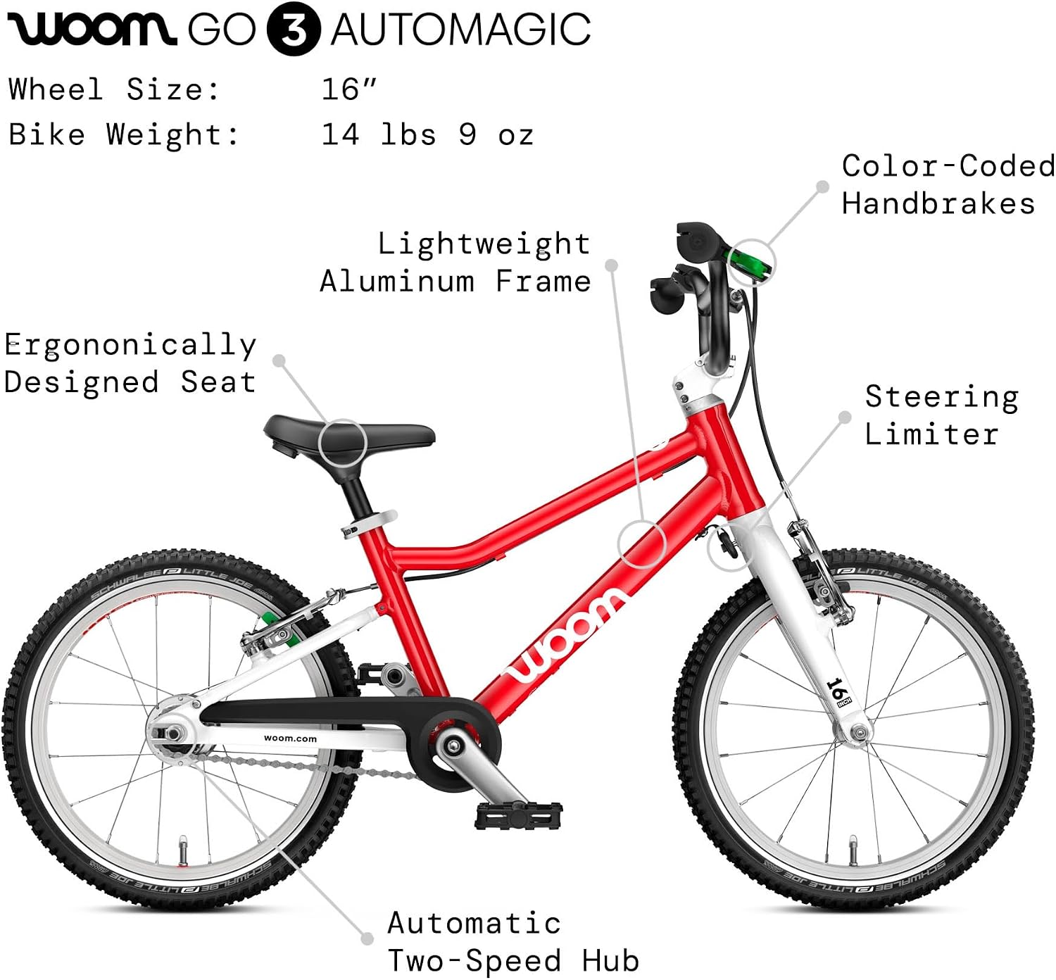 woom GO 3 / GO 3 AUTOMAGIC Kids’ Bike, 16-Inch Lightweight Bicycle for Ages 4–6, Handbrakes, Steering Limiter, Chainguard, Boys & Girls