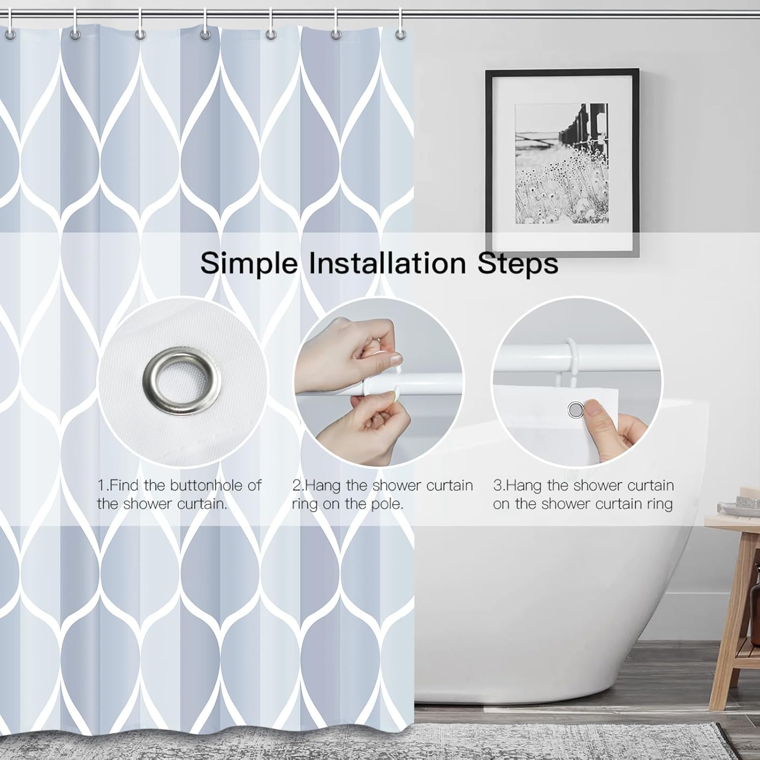 Gelbchu Light Blue Geometric Shower Curtain, Waterproof Design and Polyester, Quick-Drying, Weighted Hem, Blue Shower Curtains Set for Bathroom W 72 x H 72, Machine Washable with 12 Hooks
