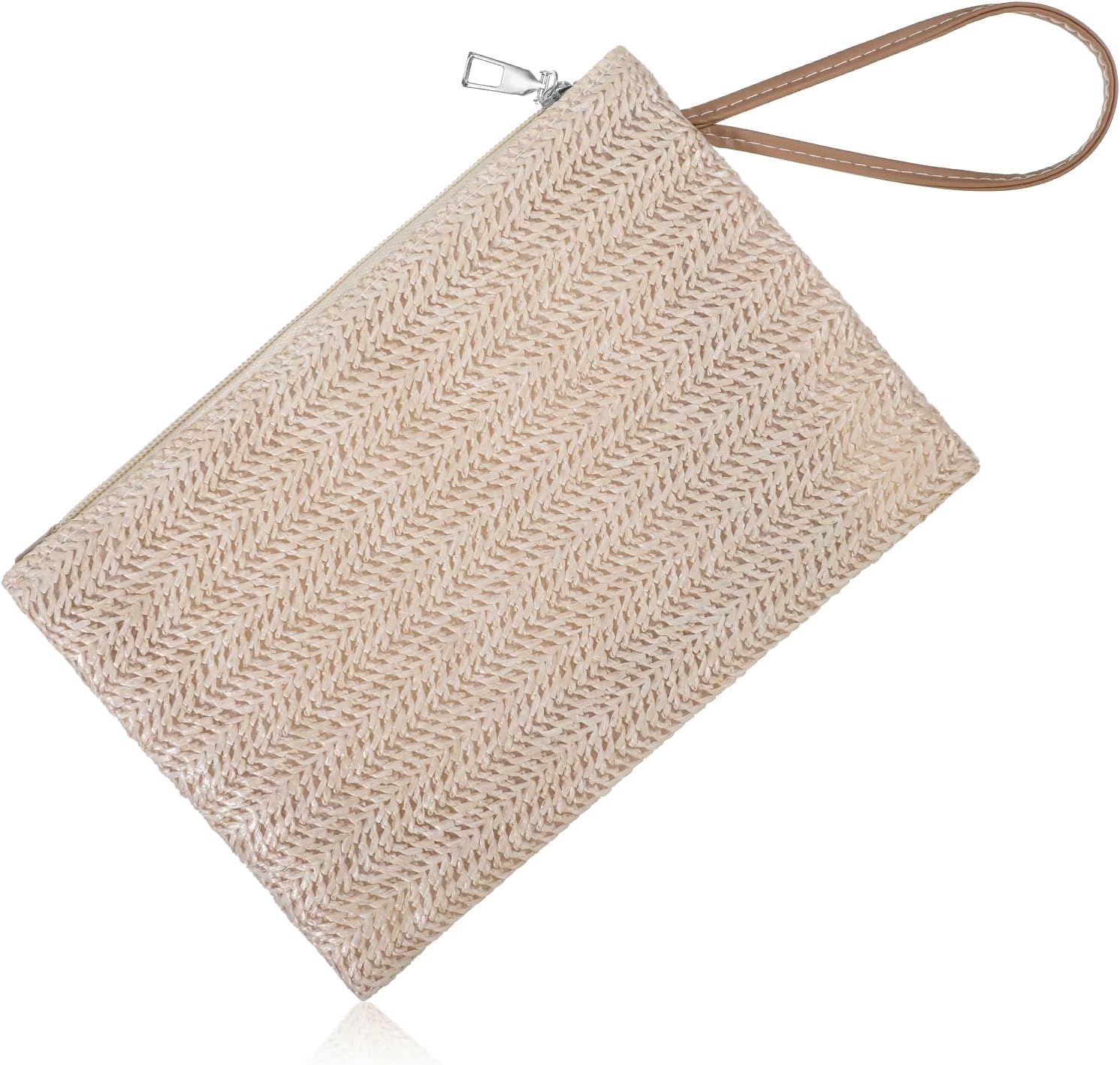 Womens Straw Clutch Bag, Hand-Woven Straw Pocketbooks, Bohemian Wristlet Bag, Straws Clutch Purse with Handle, Zipper Wristlet Wallets for Women Travel Work(White)