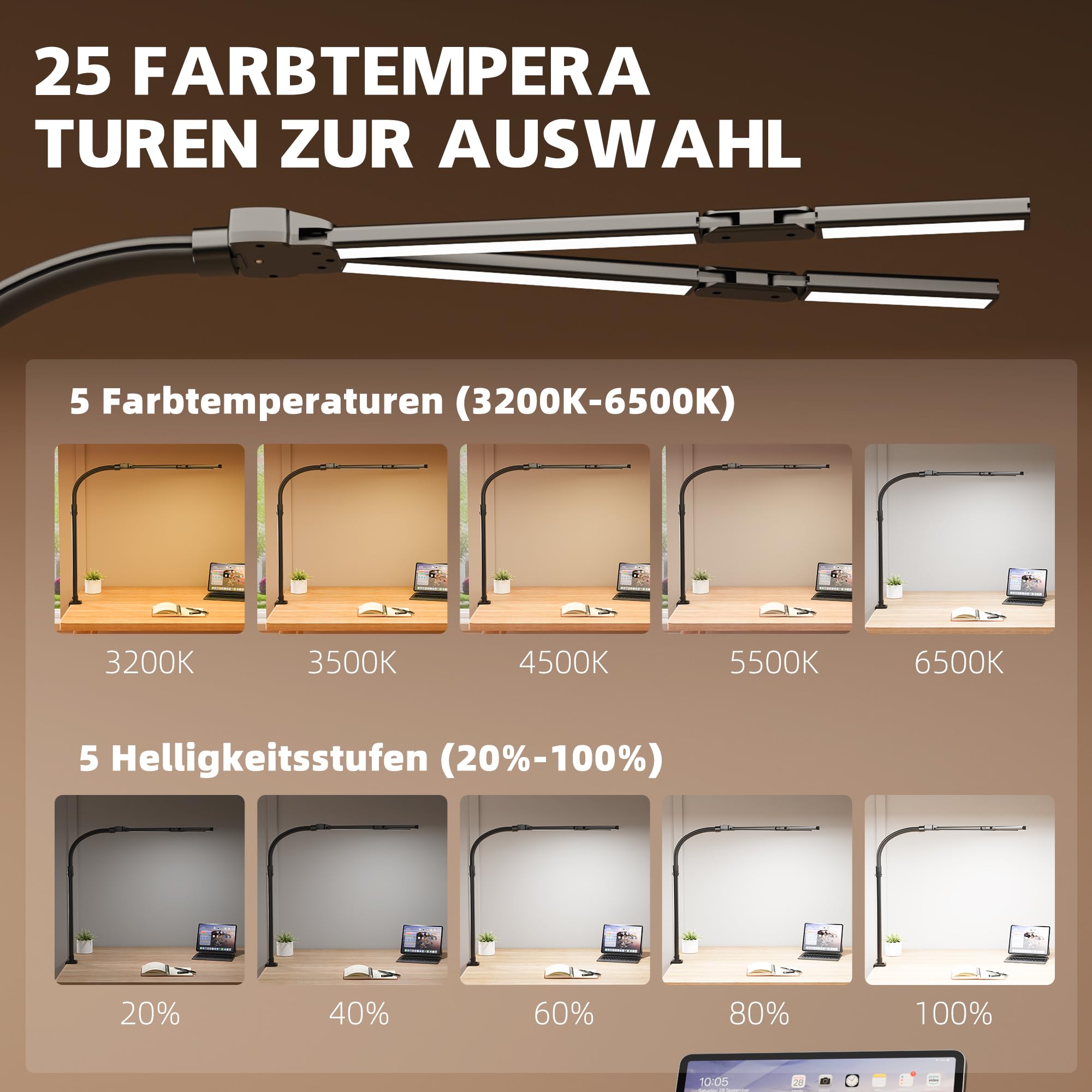 GAEFURY Lampada da tavolo a LED da 24 W, super luminosa, dimmerabile, per casa e ufficio, con luce ambientale