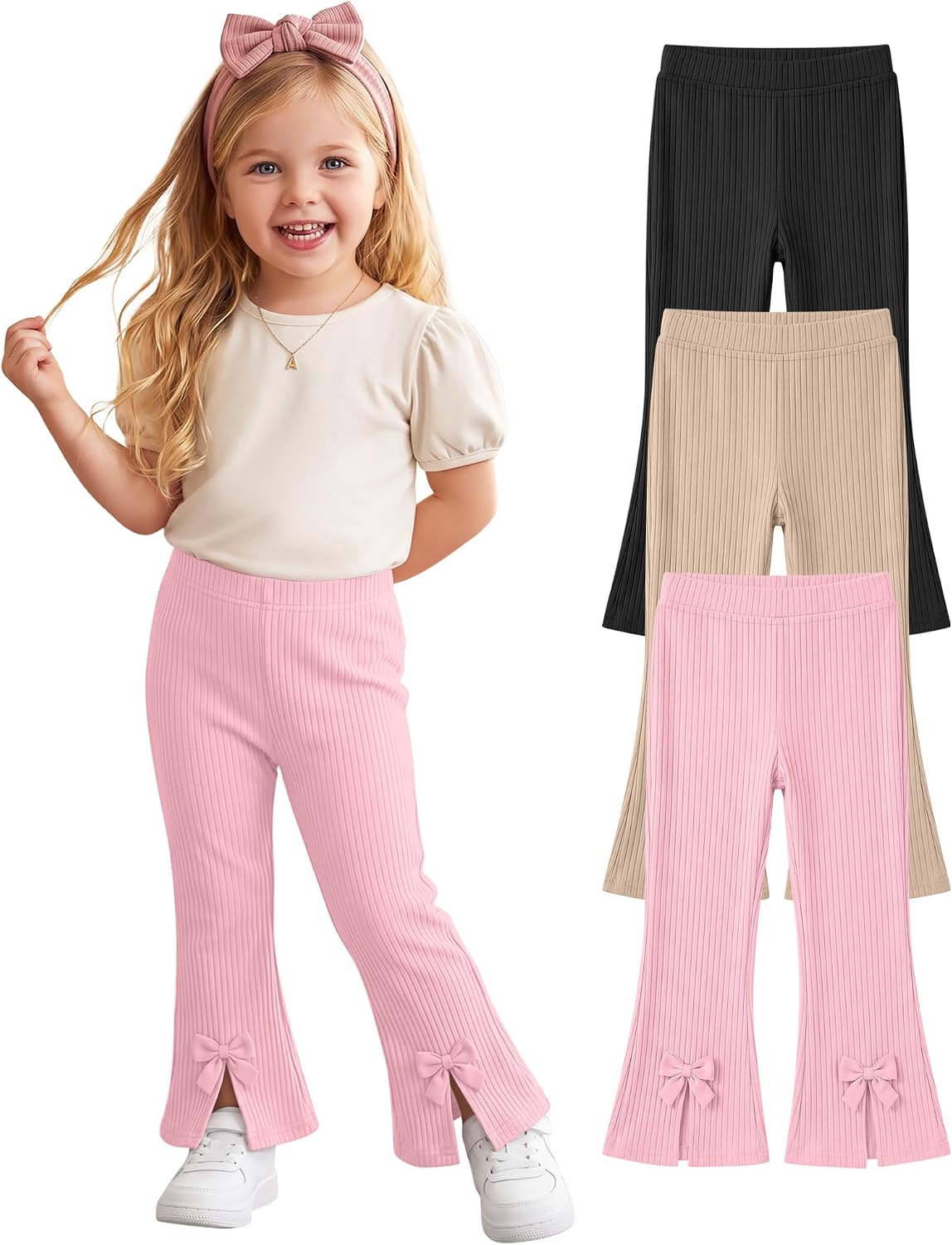 3 Pack Toddler Girls Flare Pants Baby Ribbed Summer Leggings Infant Slim Bow Slits Bell Bottom Pants Size 9M-4T