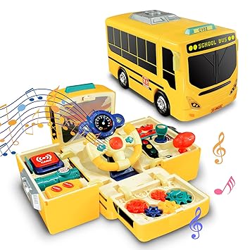 Hi-Tech School Bus Toy Play Vehicle, Simulate Steering Wheel Bus Toys Musical Light Song Gear Driving Educational Puzzle Car DIY Birthday for Preschool Toddlers Kids Boys Girls Age 3-10