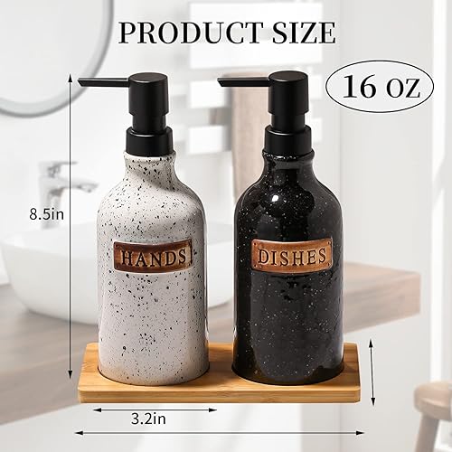 Miniatura 2 de Dispensador de jabón de manos de cerámica para decoración de baño con bandeja, embudo, botellas de bomba de líquido, dispensador de platos
