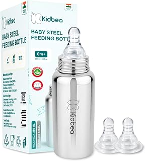 Kidbea Stainless Steel Baby Feeding Bottle 250ml (6m+) with 2 Extra Silicone Nipples | BPA Free Wide Neck Anti-Colic Infant Milk Bottle Feeder