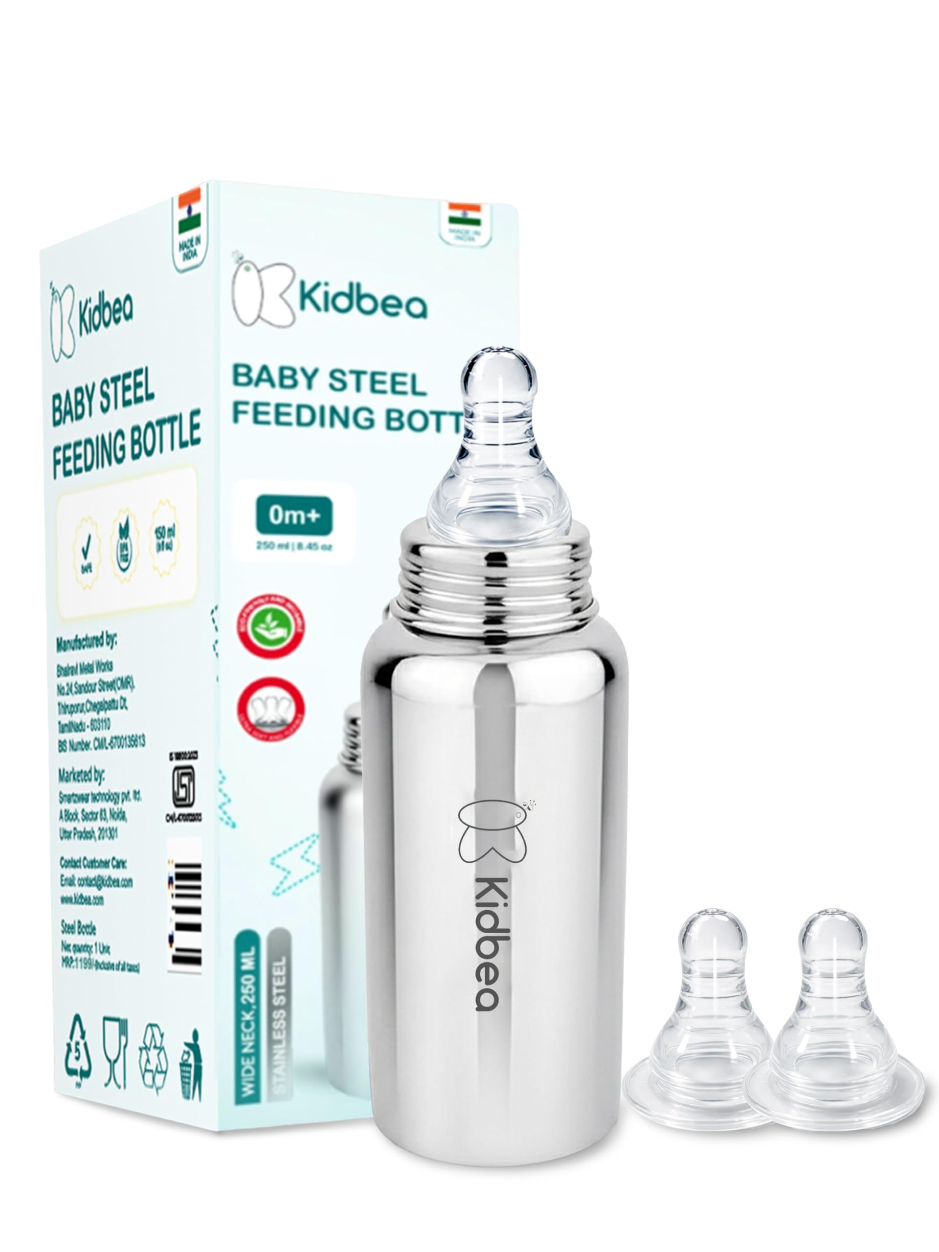 Kidbea Steel Newborn Baby Feeding Bottle 250ml (6m+), BPA Free Wide Neck Anti-Colic Infant Milk Bottle with 2 Extra Silicone Nipples for Infants-picture-16