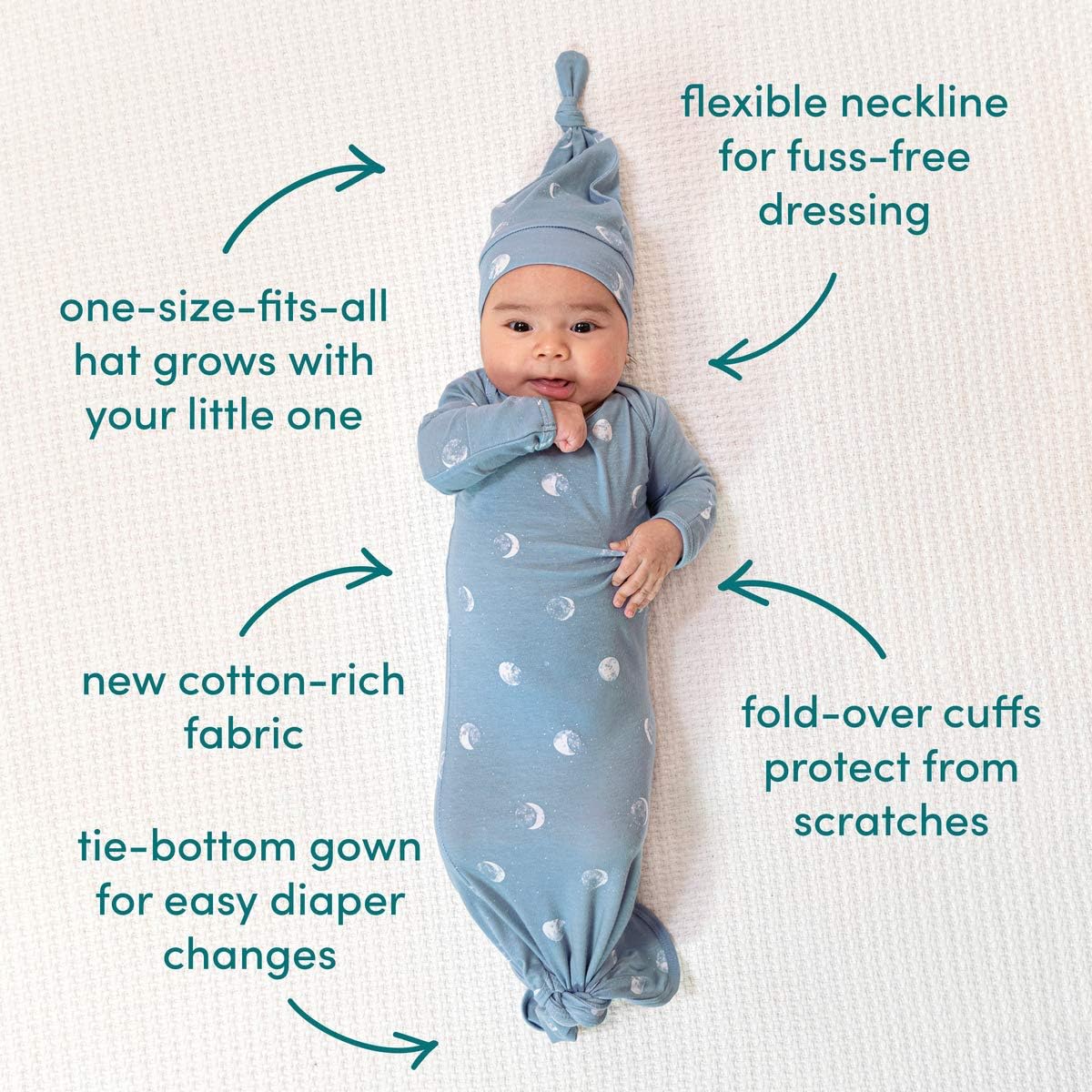 aden + anais Comfort Knit Knotted Newborn Baby Gown and Hat, 2 Piece Set, 0-3 Months