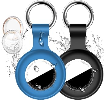 2 Pack Compatible with Apple Airtag Holder with Keychain,IPX8 Waterproof GPS Cover for Air-Tags Shockproof [Anti-Scratch] Item Finders Case for Pets,Kids,Luggage-Black+Blue