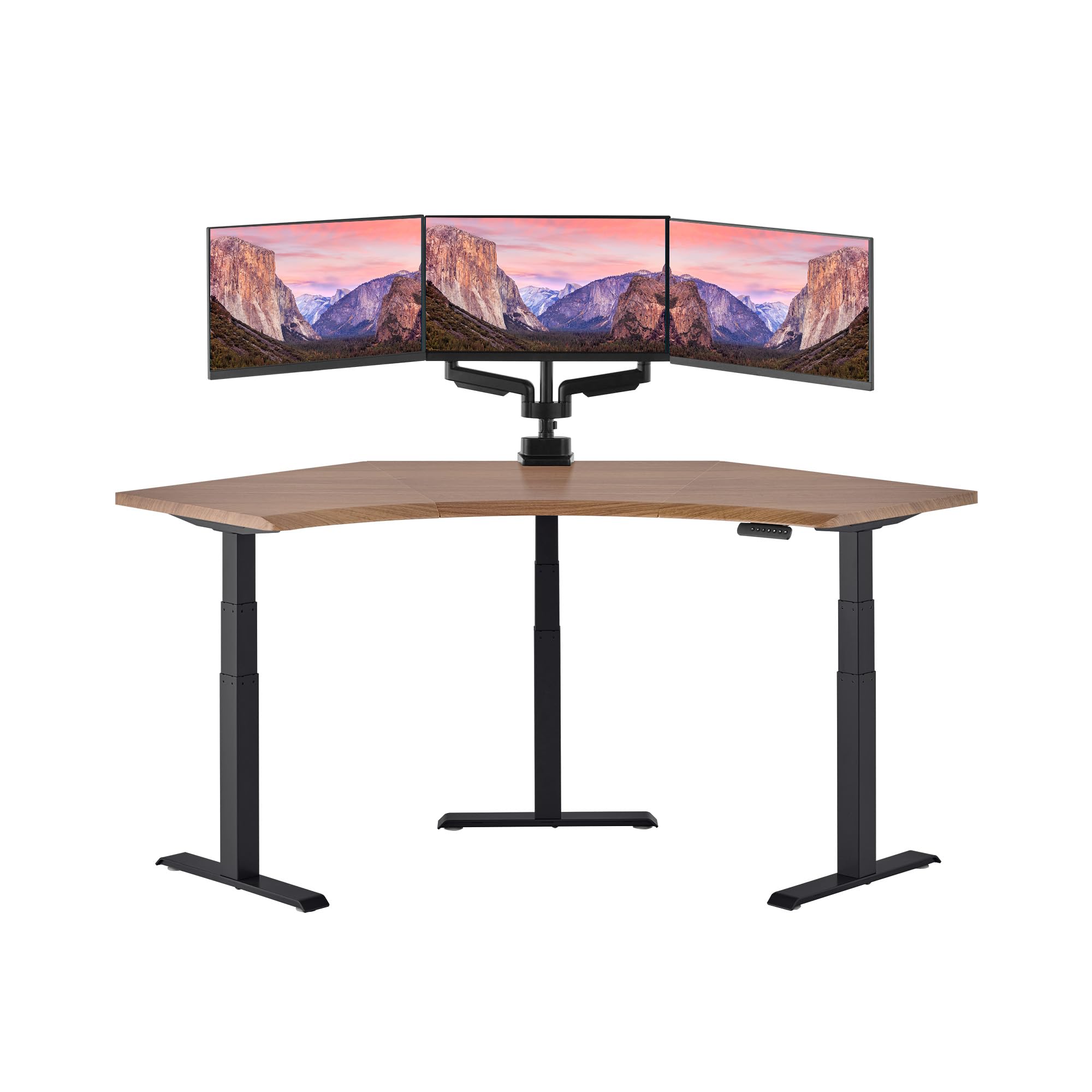 Vari Command Center Electric Standing Desk 120 Curved Sit-Stand Gaming Desk Corner Workstation for Triple Monitors Sloped Front