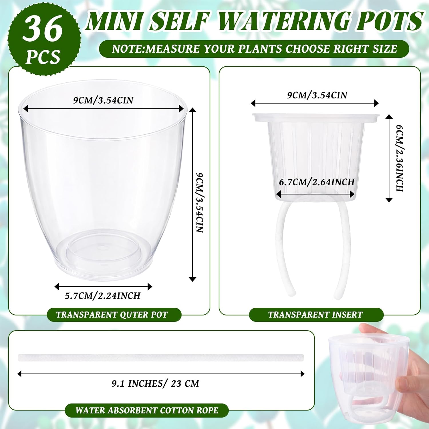 36 pcs Self Watering Pots, 3.5 Inch Plastic Flower Plant Pot with Inner Pot Self Watering Wick Planter White Clear Flower pots for Indoor House Plants Herbs, Flowers, Succulents