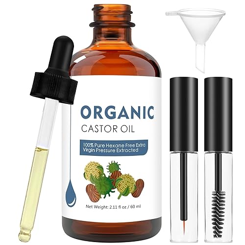 Aceite de ricino orgánico (2.11 onzas) con kit de pestañas, certificado orgánico, 100% puro, botella de vidrio, prensado en frío sin refinar, sin