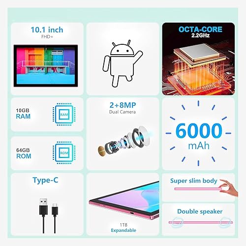 Miniatura 2 de Tablet Android 13 de 10 pulgadas, 8 GB de RAM+64 GB ROM+512 GB expandibles, pantalla IPS, cámara dual de 2+8 MP, WiFi, BT, tableta certificada por