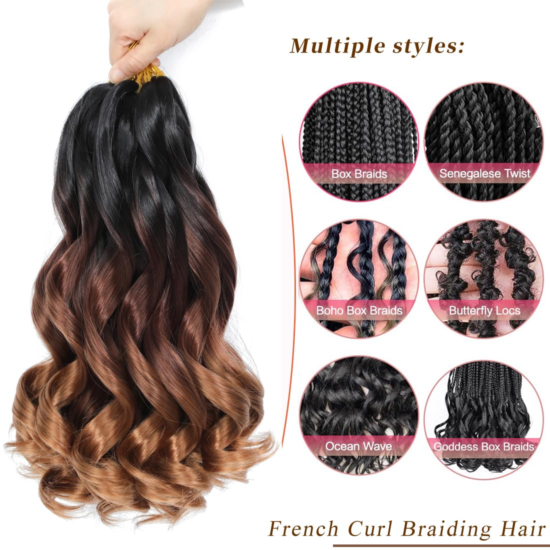 French Curl Braiding Hair 20 Inch 8 Packs Curly Braiding Hair Pre Stretched French Curls Braiding Extension Curl Crochet Braids Spiral Extensions (1B/33/30# - Image 2