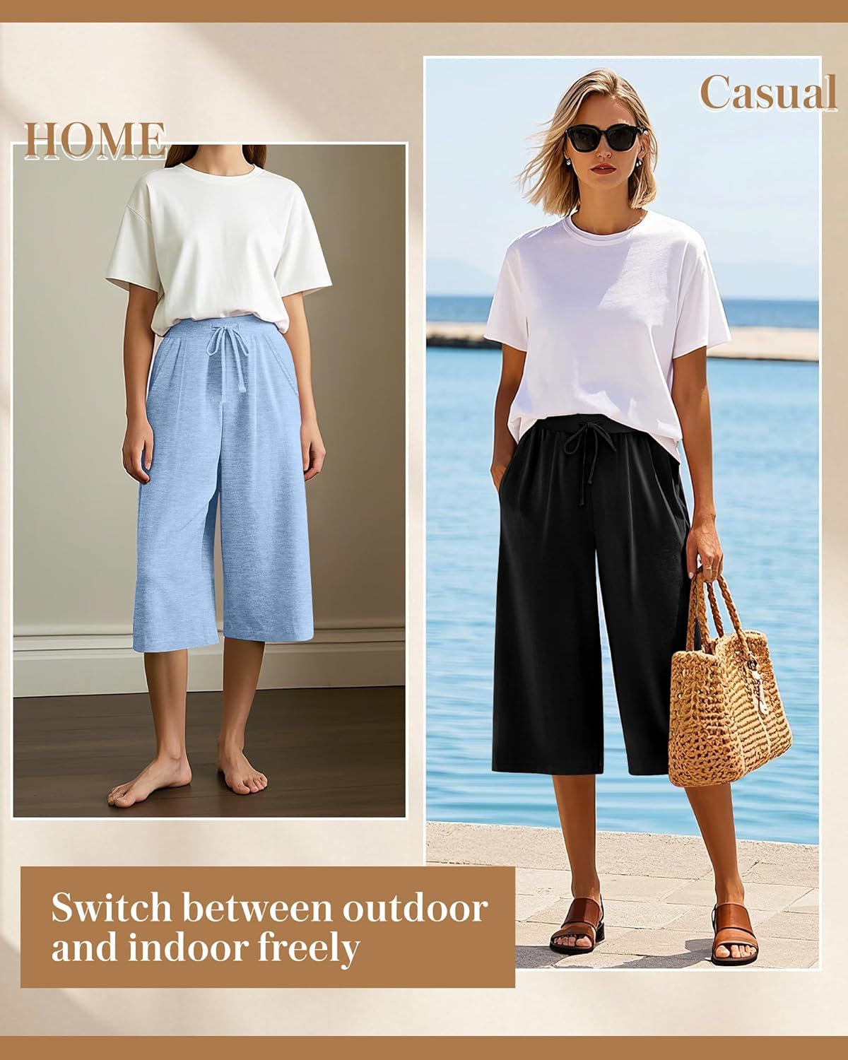 3 Pack Women's Capri Pants, Casual Wide Leg Yoga Pants High Waist Drawstring Cropped Lounge Trousers with Pockets - Image 6