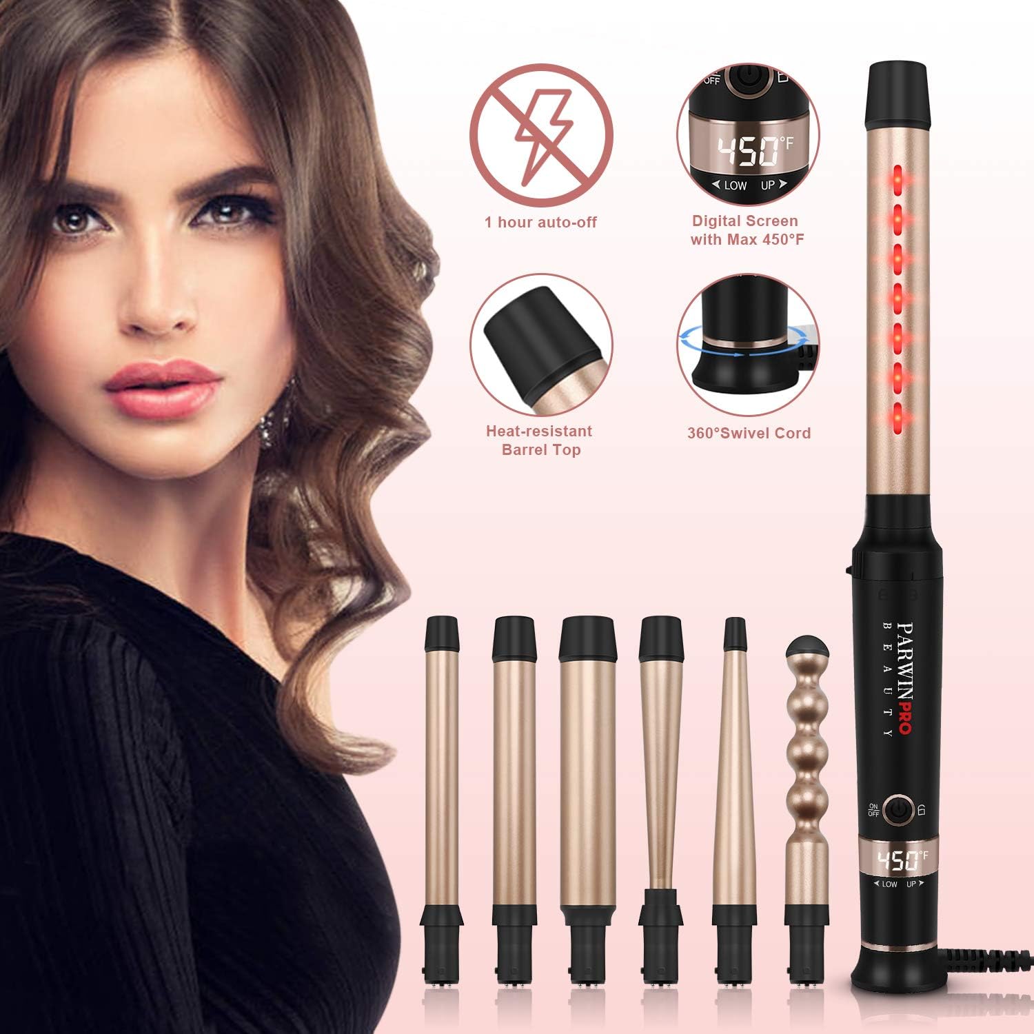 7-in-1 Infrared Curling Iron Wand Set, Dual Voltage Curling Wand with Temperature Control, Auto Shut Off, Hair Curler for Wavy/Air Bang/Ringlet/Spiral with Glove and 2 Hair Clips