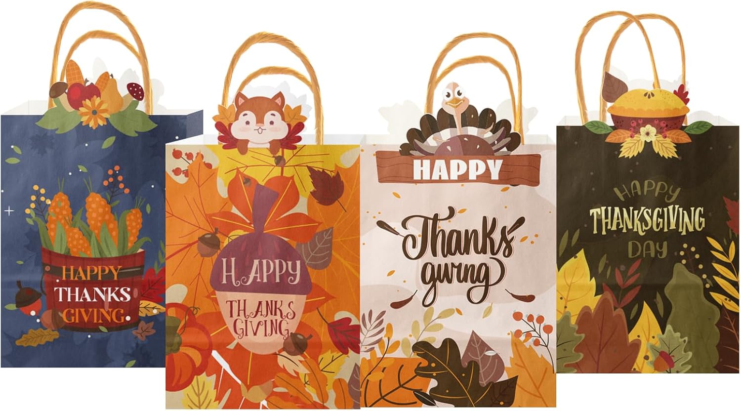 qiqee Thanksgiving Paper Gift Bags with Handles Bulk Small Pumpkin Treat Bags Fall Autumn Kraft Paper for Holiday Wedding Birthday Party Supplies (48PCS 6.1"×9.8"×3.1")