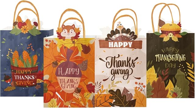 Gcardist Thanksgiving Gift Paper Bags Bags 4 Designs 3"6"8.3" Small Size 24-Packs Festival Party Favor Kraft Bags with Handle Bulk