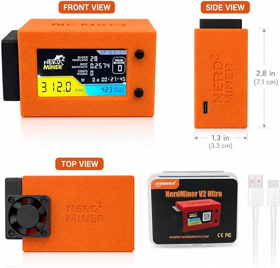 NerdMiner V2 Ultra 300KH/S T Display Bitcoin Solo Lottery with Low Power Consumption WiFi Connection, and USB-C Power Crypto Nerdminer with Fan Lucky Miner Win 6.25 BTC (Orange)