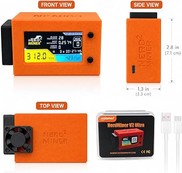 NerdMiner V2 Ultra 300KH/S T Display Bitcoin Solo Lottery with Low Power Consumption WiFi Connection, and USB-C Power Crypto Nerdminer with Fan Lucky Miner Win 6.25 BTC (Orange)