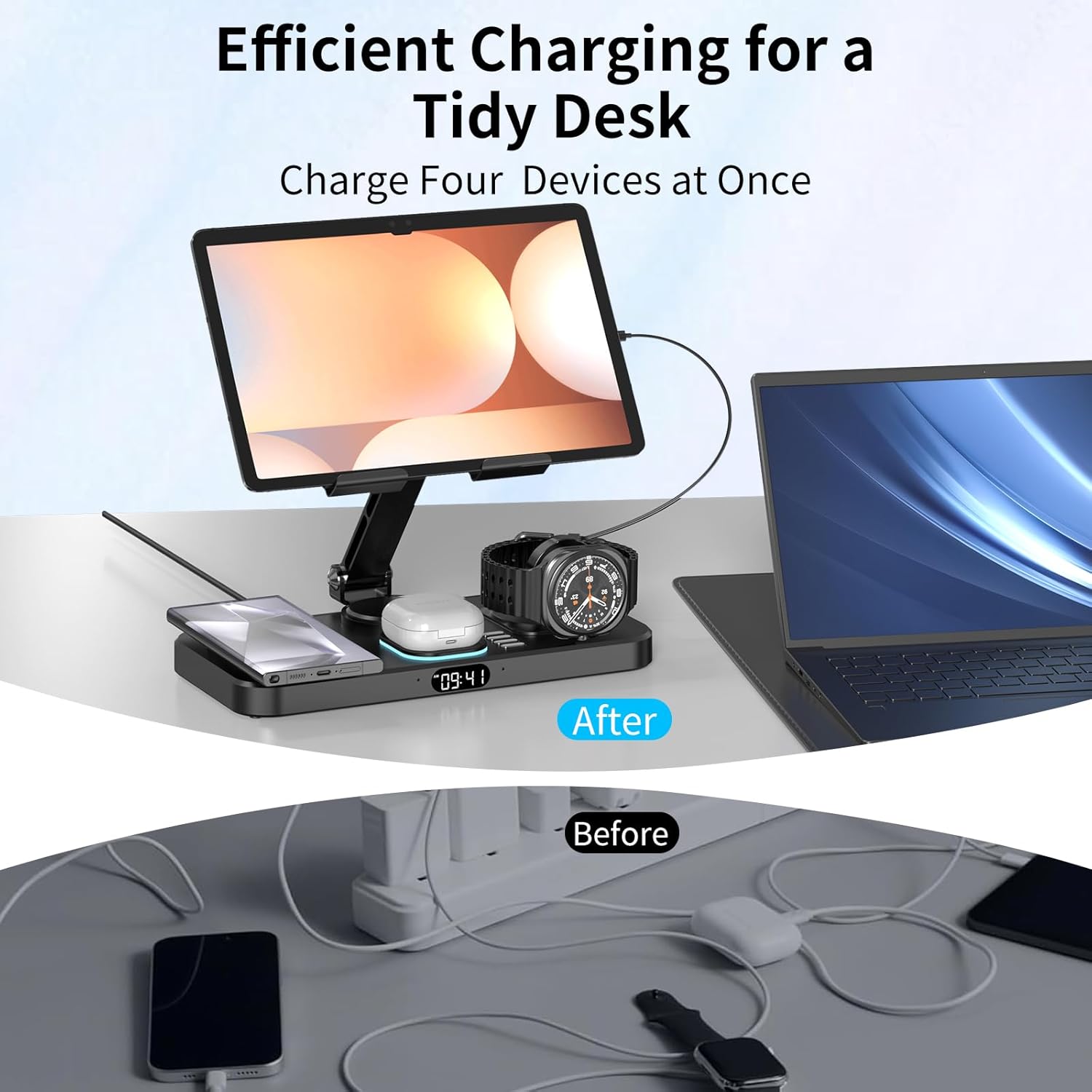 Magnetic 6 in 1 Wireless Charging Station for Samsung Clock,Foldable Stand Charger Dock for Galaxy S25/S24/S23/Note 20/Fold7/Flip7/Galaxy Watch 8/7/6/5 Pro/Ultra/Galaxy Buds/iPad/Tablet Holder (Black) - Image 5