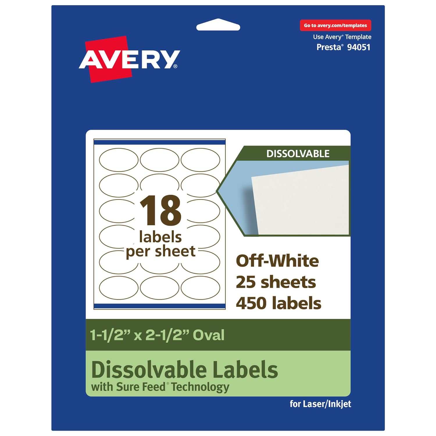 Avery Dissolvable Oval Labels, Sure Feed Technology, 1.5" x 2.5", Matte White, Laser/Inkjet Printable, 450 Labels Total, Freezer-Safe, Microwave-Safe, Refrigerator-Safe