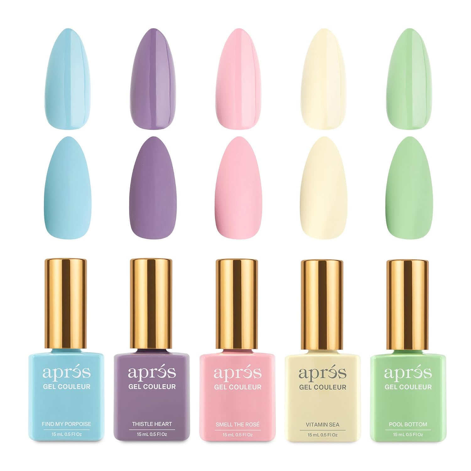 APRÉS Gel Couleur Combo Set, 5 Color Gel Nail Polish, HEMA-Free & TPO-Free, Bright Nude Pastel Colors with Brush-X Nail Art Brush (Pastel Daydream)