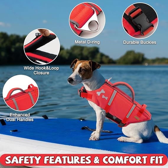 EMUST Dog Life Vests, Adjustable XS Dog Life Jacket with 2 Rescue Handle