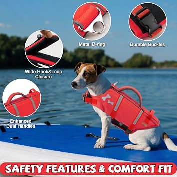EMUST Dog Life Vests, Adjustable XS Dog Life Jacket with 2 Rescue Handle