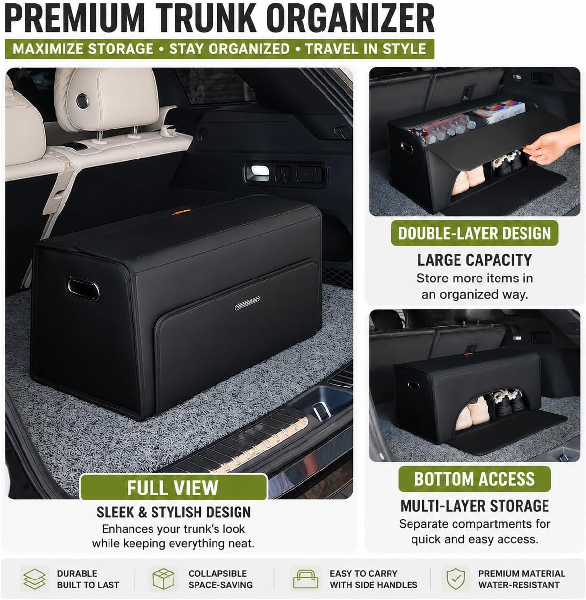 GMQ Double-layer Trunk Organizers for Car,Double Door Car Organizers and Storage Shoes for SUV,Magnetic Lid with Collapsible Storage, Large Capacity for SUV, Truck, MPV (Black, L-21.5×13×12.5 IN)