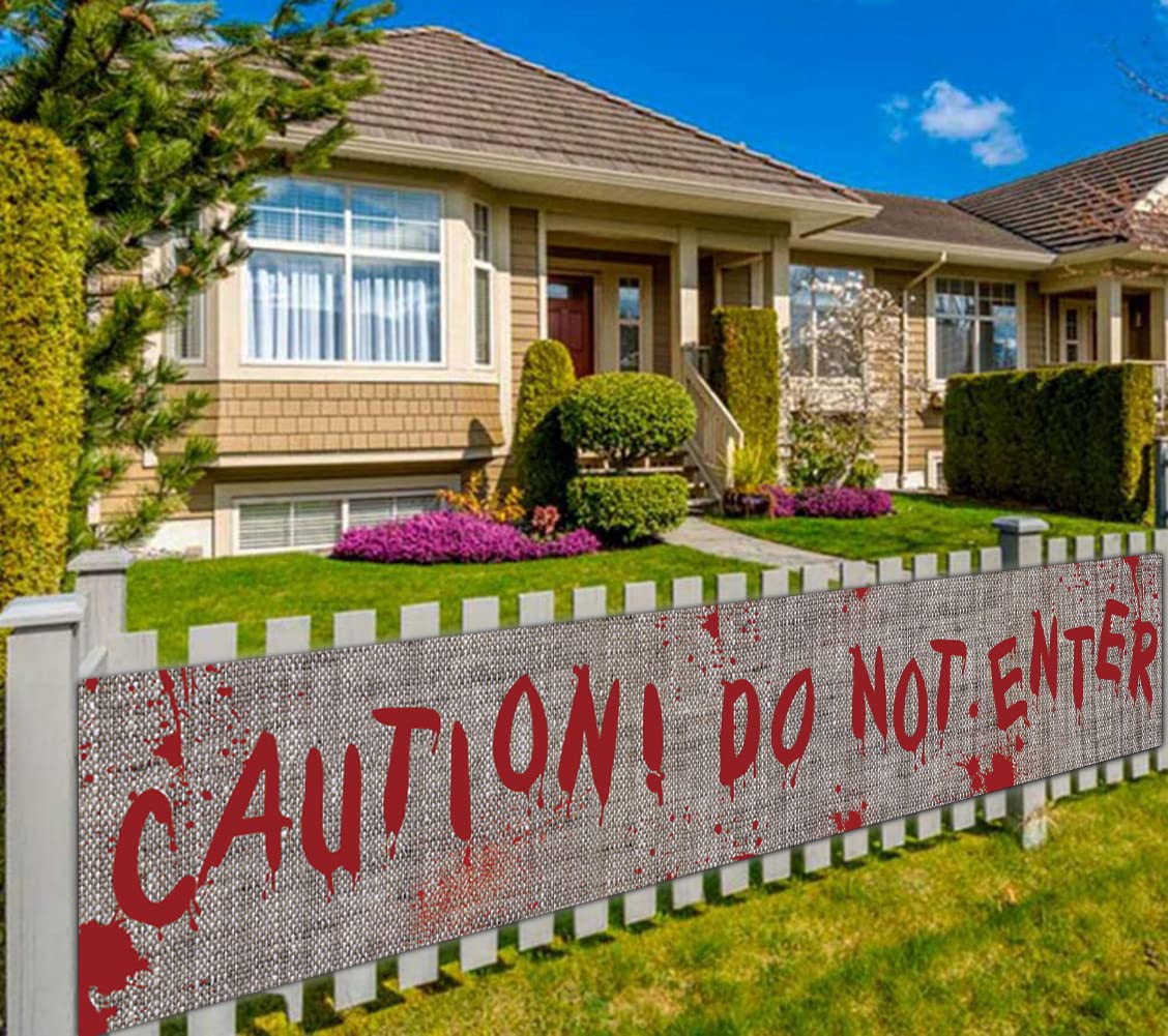 Bardzo duży baner halloweenowy, dekoracje halloweenowe artykuły imprezowe, zabawny halloweenowy krwawy baner, nawiedzony dekoracja domu – uwaga! Nie wchodź (9,8 x 4,5 stóp)