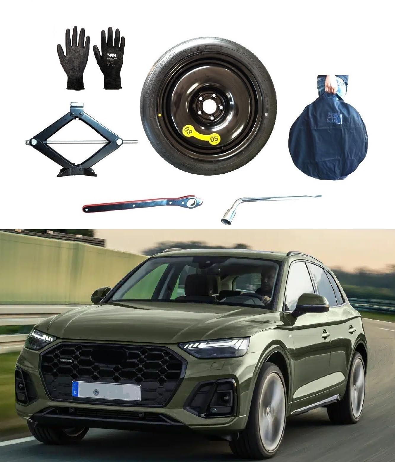 D'ANGELO 1988 Kit de rueda de repuesto de 18 pulgadas, compatible con @udi Q5/Q5 Sportback con gato, llave, guantes y bolsa