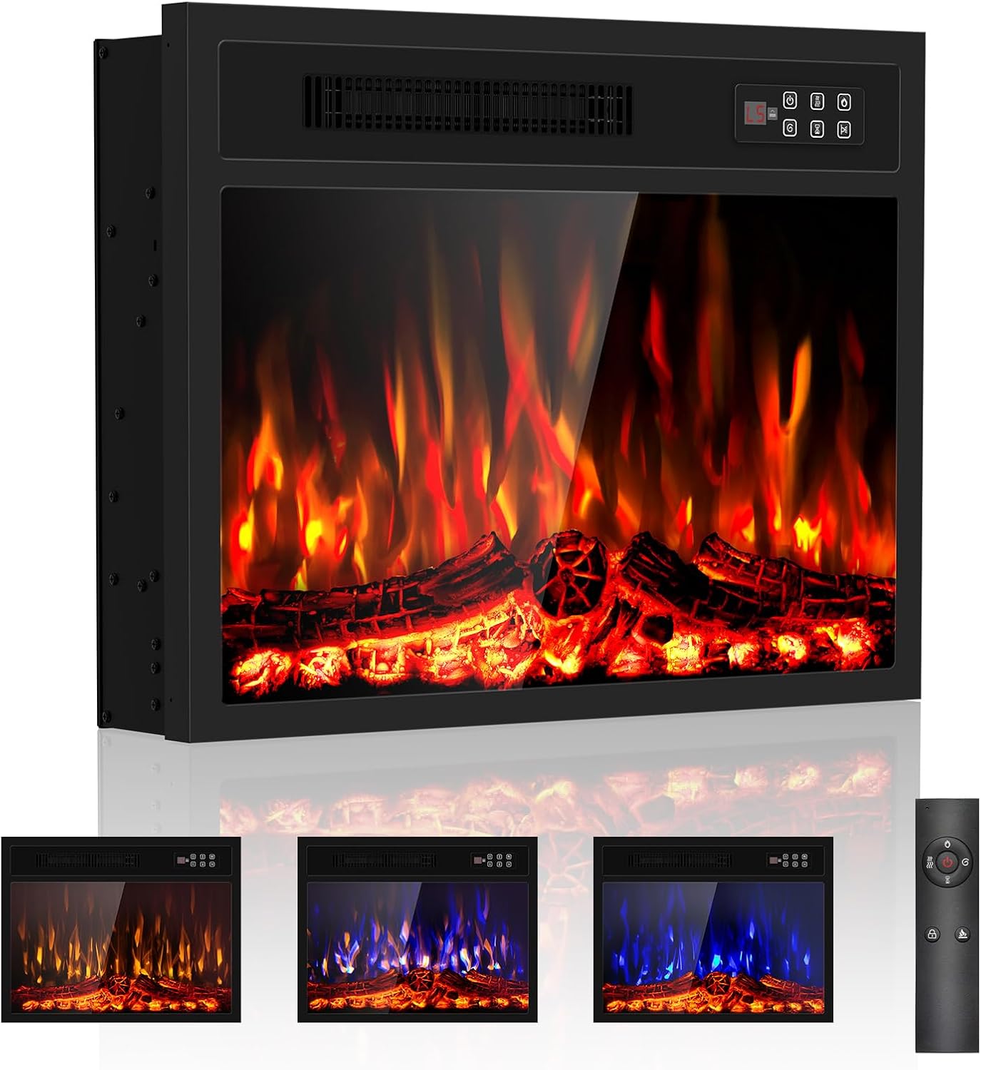 BREEZEHEAT 23 Inch Electric Fireplace-Recessed & Wall Mounted Linear Fireplace-750/1500W Heater w/Temperature Control, Log & Crystal Options, Adjustable Flame, Remote Control