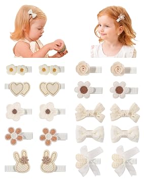 Jollybows 20Pcs Baby Bow Clips Toddler Hair Clips Baby Girl Hair Clips Fully Covered Barrettes Bows, Hearts, Flowers, Bunnies Clips for Hair Accessories for Babies and Kids White