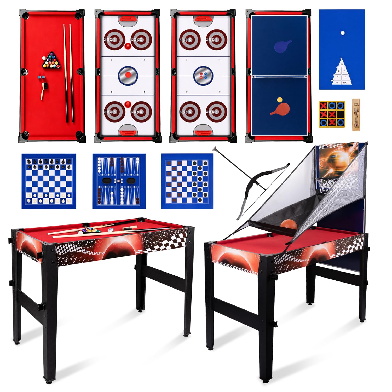Mesa multijuegos 14en1 122cm Billar Ping Pong Air Hockey | Mesa de Juegos,Basket,Bowling,Ajedrez,Tiro con arco.Tableros apilables,madera,accesorios,ideal para familia.
