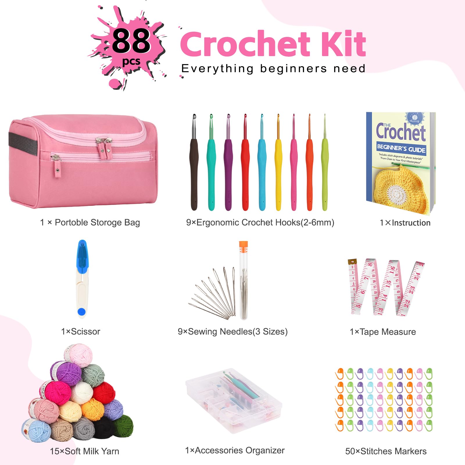 Reessy Kit per uncinetto, 88 pezzi, kit per uncinetto per principianti e adulti, include istruzioni ergonomiche uncinetti 15 pezzi × 25 g sacchetto per riporre i filati e accessori per maglieria, kit