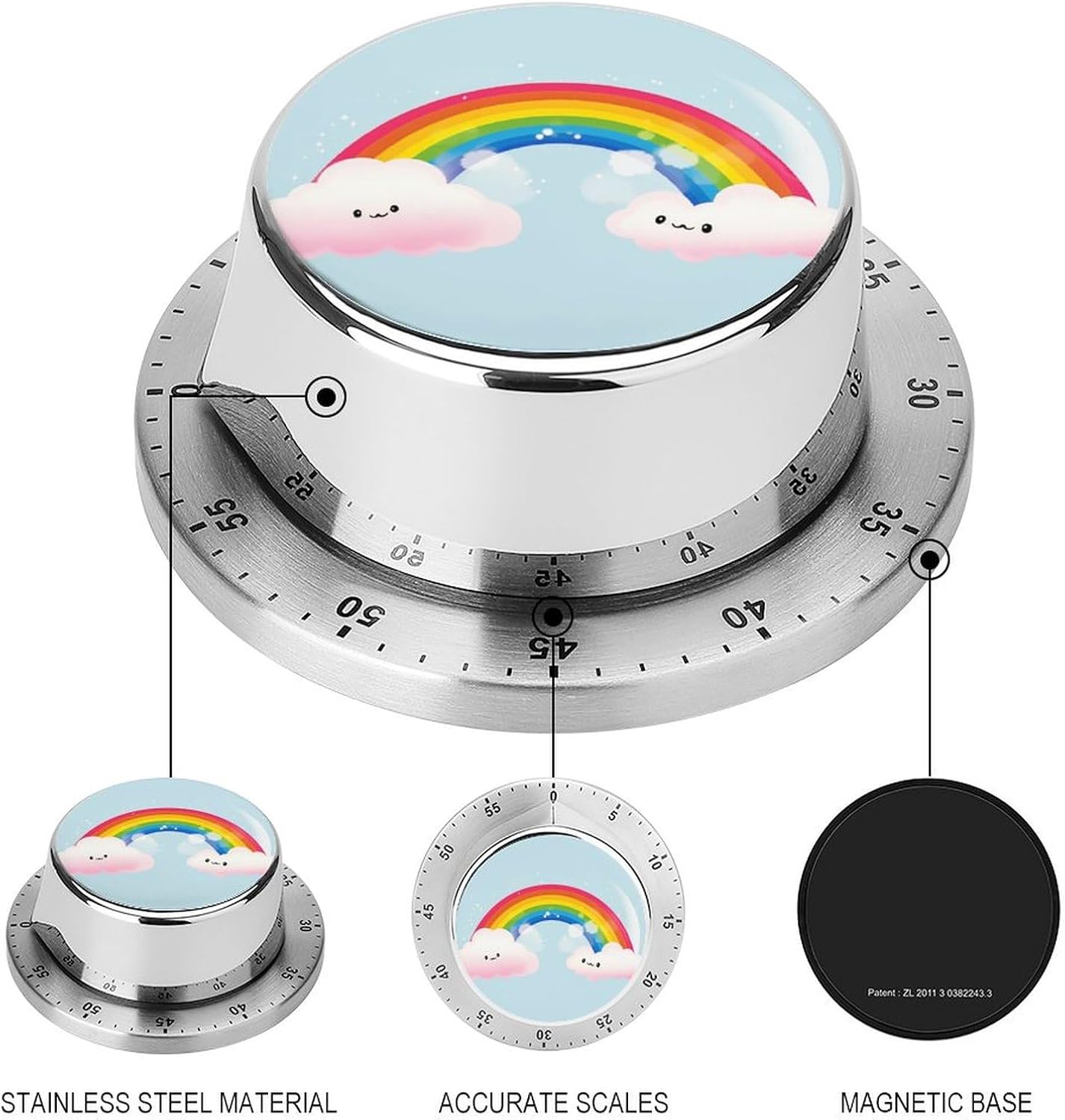 Small Rainbow Timer Stainless Steel Kitchen Timers Waterproof & Rust-Proof 60 Minute Mechanical Timer with Loud Alarm for Cooking, Baking, Fitness