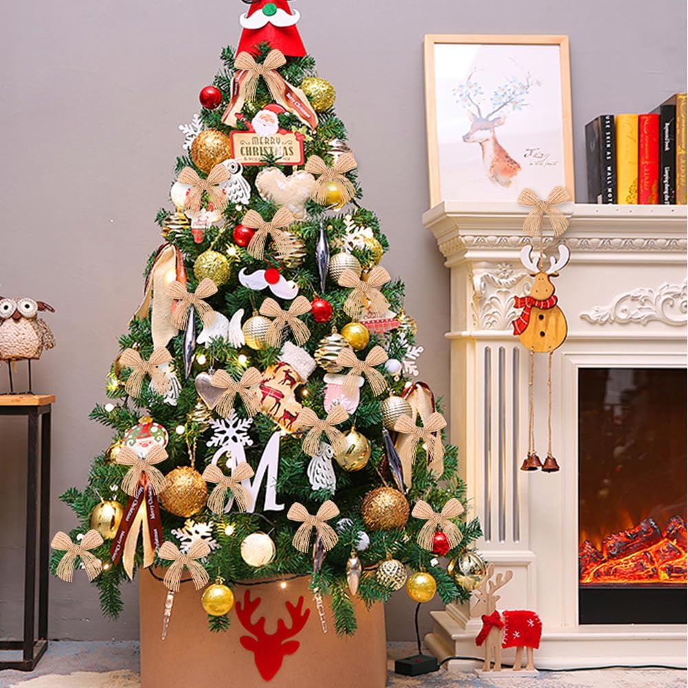 JOICEE 120 Pcs Christmas Mini Burlap Bows, Small Burlap Ribbon Bows Linen Bows DIY Craft Farmhouse Home Decoration for Home Xmas Trees Gifts Sewing Decor - Image 4