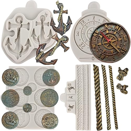 Moldes de silicona para veleros, brújula, ancla, timón, salvavidas, faro, fondant, monedas del tesoro, molde de chocolate para decoración de