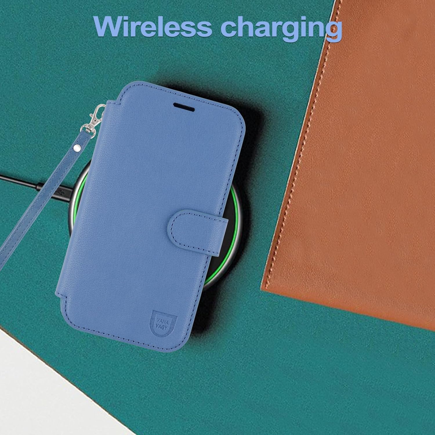 VANAVAGY Compatible for iPhone 16 Pro Max Wallet Case for Magsafe Wireless Charging, PU Leather Flip Case Wrist Strap [Screen Protector & Camera Lens Protector] with RFID Blocking Card Holder,Blue