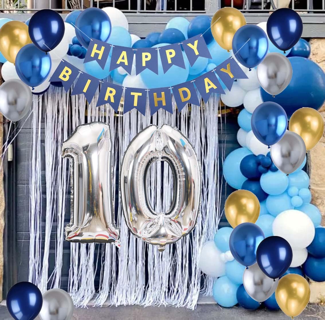 10e Verjaardag. Viering Van Het 10 - Jarige Logo Met Confetti Op Blauwe Achtergrond Jaar Voor Herdenking Image261532181